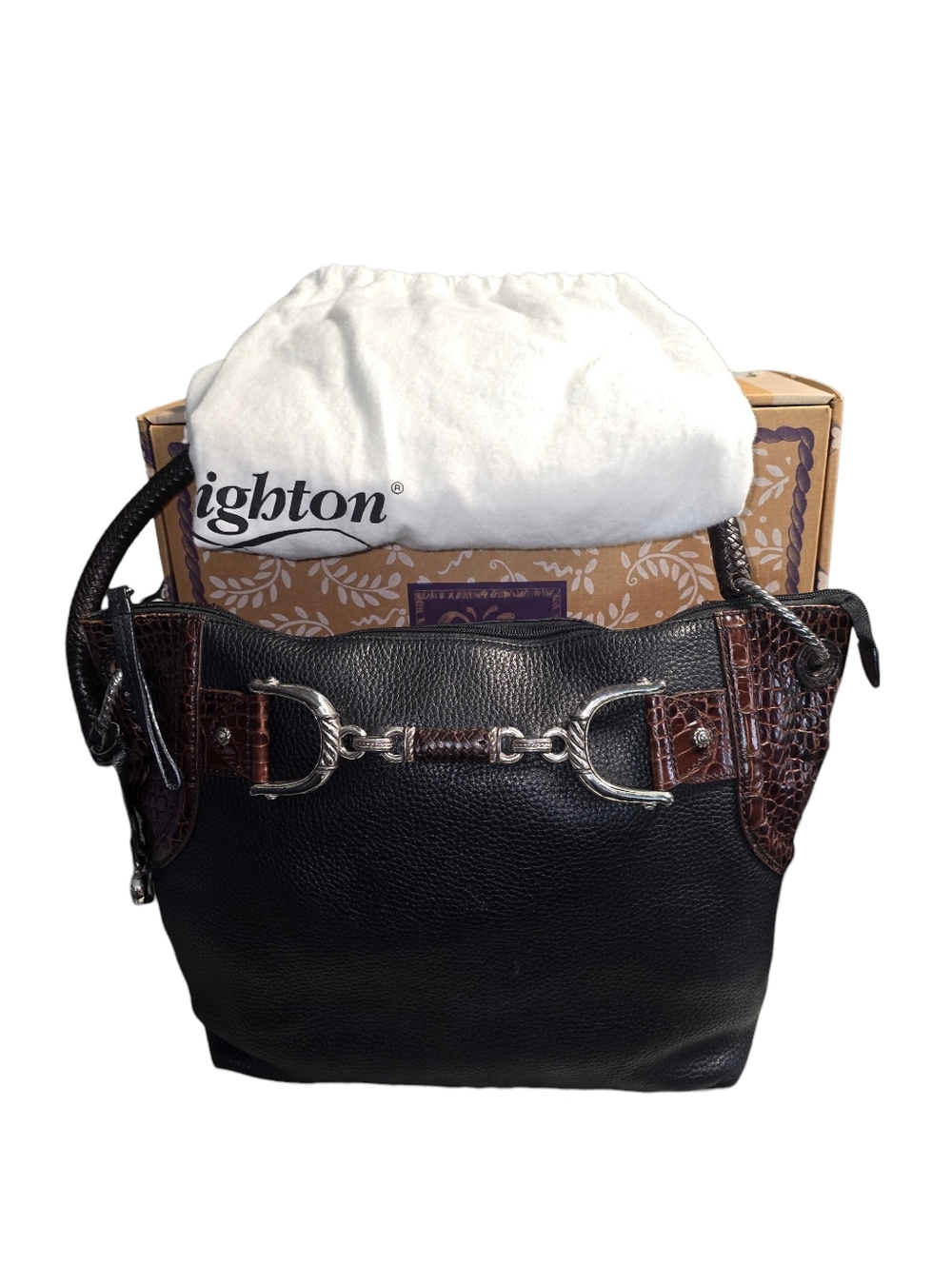 Brighton Black and Brown Leather Messenger Bag with Silver Hardware